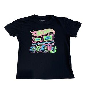 Boys Large Hot Wheels Graphic T-Shirt - Black with‎ neon pink, blue, green